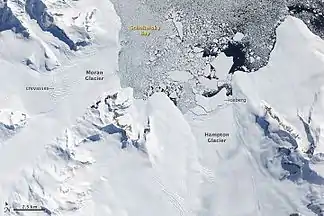 Satellitenaufnahme aus dem Jahr 2009 des nördlichen Endes der Douglas Range mit Mount Nicholas (rechts) östlich des Hampton-Gletschers