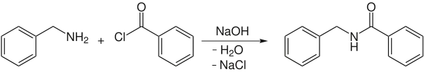 Reaktionsschema der Schotten-Baumann-Reaktion zur Herstellung von N-Benzylbenzoesäureamid