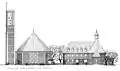 Entwurfszeichnung der Kirche mit dem bereits bestehenden Gemeindehaus, 1956