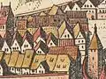 Schwäbisch Hall, Gelbinger Gasse, Ausschnitt aus der Stadtansicht von Matthäus Merian nach Vorlage von Leonhard Kern, 1643, mit der Vorgängerbebauung des Bereichs vor dem Brand der Gelbinger Gasse von 1680 (StadtA SHA S10-506)