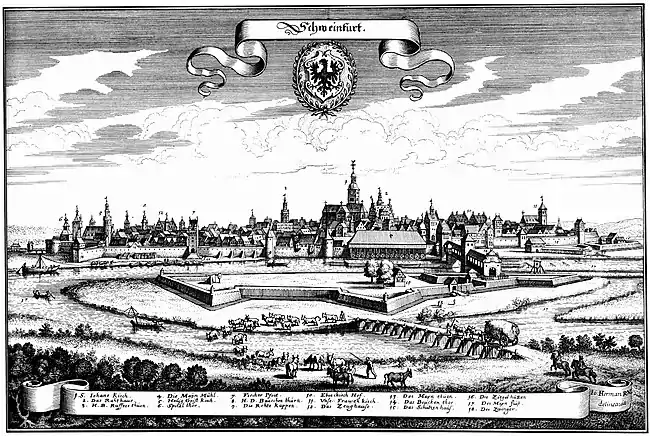 Ansicht von Matthäus Merian am Ende des Dreißigjährigen Kriegs, in dem die Stadt nahezu unversehrt blieb (1648)