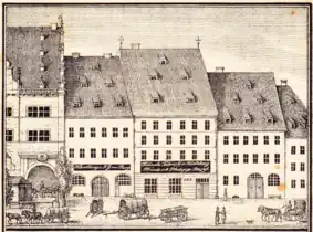 Südseite.Bürgerhäuser und Altes Rathaus (links).Um 1850