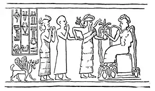 Umzeichnung einer Siegelabrollung, Siegel des Gudea, der von Ningišzida zu Enki geführt wird. Tello, ca. 2150 v.&nbsp;Chr. (Louvre).