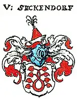Wappen derer von Seckendorff: Das Stammwappen zeigt in Silber einen roten Lindenzweig in Form einer 8 mit vier untereinander stehenden gestielten roten Blättern an jeder Seite. Hier abgebildet in Siebmachers Wappenbuch.