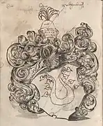 Variante des Wappens der „von Seckendorff“ aus der 2. Hälfte des 16. Jh. – hier ohne die sonst übliche Verschlingung des Lindenzweiges – BSB Cod.icon. 311 b, Tafel 151