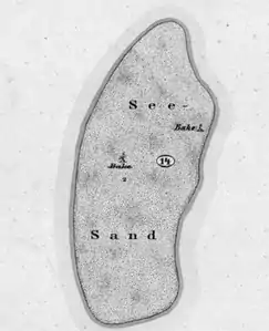 Karte von 1878, mit der ursprünglichen Bake und der 1854 nach Ostnordost versetzten Bake