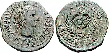Münze des Tiberius, bei der der Name des Sejanus nach seiner damnatio memoriae entfernt wurde