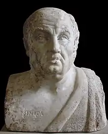 Sokrates (links); Seneca (rechts), Namensinschrift links unten