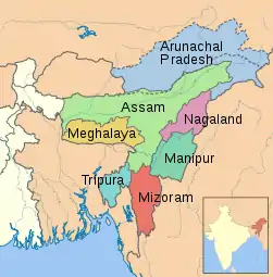 Die sogenannten „sieben Schwesterstaaten“ im Nordosten Indiens (Grenzen seit 1972).