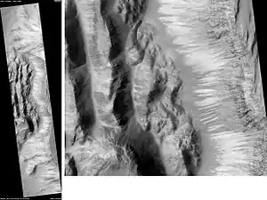 Talboden von Shalbatana Vallis, fotografiert von HiRISE. Maßstabsbalken ist 1000 m lang.