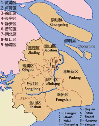 Das administrative Stadtgebiet Shanghais – Die Kernstadt (Puxi) umfasst das Gebiet der Ziffern 1 mit 9