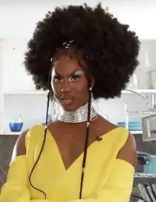 Shea Coulée steht in einer Küche, im Hintergrund sind mehrere Haushaltsgegenstände wie Gläser und hellblaue Teller zu sehen. Sie trägt ein gelbes Kleid, einen silbernen Halsreif, silberne Ohrringe, hellblauen Lidschatten, falsche Wimpern und aufgemalte Augenbrauen. Auf ihren Braids trägt sie eine Perücke im Afrolook.