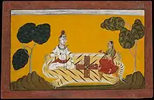 Shiva spielt mit Parvati den Pachisi-Vorläufer Chaupar (1694/95)