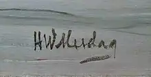 Schwarzer Pinselschriftzug "H W Mesdag" auf blaugrauem Grund