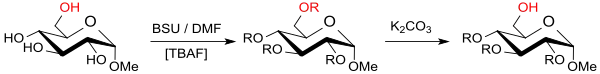 Silylierung von alpha-Methyl-glucosid mit N,N′-Bis(trimethylsilyl)harnstoff