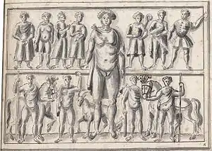 Zwölfgötterrelief, Zeichnung von Simon Studion, 1597.