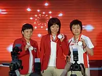 Das Tischtennis-Damenteam mit Silber 2008 (v.&nbsp;l.&nbsp;n.&nbsp;r.): Wang Yuegu, Li Jia Wei, Feng Tianwei