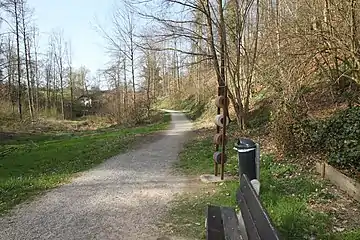 Der befahrbare Kiesweg läuft von der linken unteren Ecke ins Bildzentrum in die Tiefe in eine baumbestandene Ebene. Am rechten Wegrand ragt eine Sitzbank von unten ins Bild, dahinter ein metallener Abfallkübel und weiter hinten am rechten Wegrand vier übereinander montierte Keramikrollen, die man drehen kann.