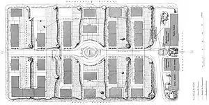 Lageplan, 1869.→ Lageplan um 90 Grad gedreht.