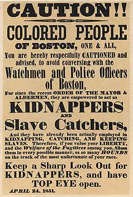 Bostoner Plakat, das Farbige vor den „Sklavenfängern“ der Bostoner Polizei warnt