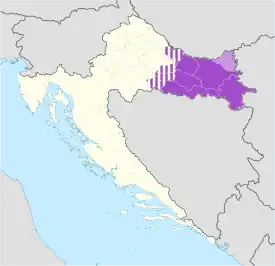 Das heutige Gebiet Slawoniens dunkelviolett, weitere z. T zu Slawonien gerechnete Gebiete gestreift, die kroatische Baranja hellviolett