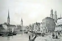 Blick vom ehemaligen Standort des Grendels auf die Schifflände und das Sonnenquai, Stich von Deroy, 1845
