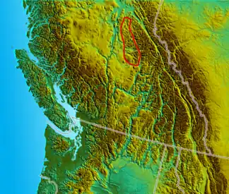 Ungefähre Lage des Quesnel Highlands in British Columbia (Kanada)