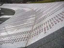 Wall of names at the Potočari genocide memorial near Srebrenica.