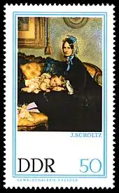 Großmutter und Enkelin(Gemälde von Julius Scholtz 1863;als 50&nbsp;Pf-Sondermarke der DDR-Post 1967)