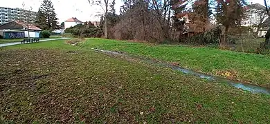 Lauf des Steinbach mit Wasser an Weihnachten 2020 zwischen Praunheimer Weg und In der Römerstadt