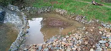 Einlauf des Steinbach mit Wasser an Weihnachten 2020 für die Unterquerung des Praunheimer Weges hinter dem Alten und Pflegeheim