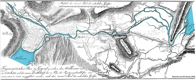 Die Linth vor und nach der Korrektion auf einem Plan um 1811; nachkoloriert der alte Linthlauf