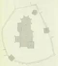 Plan der Anlage; a: Langhaus, b: Chor, c: Sakristei, d: Nordkapelle, e: Turm, f: Marienkapelle, g und h: Durchfahrttürme (beide Zeichnungen von Richard Steche (1886))
