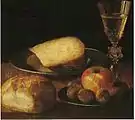 Sebastian StoskopffStillleben mit Käse, Brötchen und Wein, 1. Hälfte 17. Jahrhundert, Öl auf Leinwand, 28,5 × 31,5&nbsp;cm, Musée des beaux-arts André Malraux, Le Havre