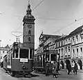 Begegnung zweier Triebwagen der Linie I, die römischen Linienbezeichnungen wurden 1936 eingeführt