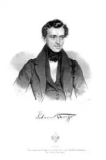Unterschrift von Johann Strauß (Vater) auf einer Lithographie von Josef Kriehuber, 1835: ſs statt ß