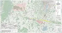 Flugbahnprojektion und Streufeldkarte mit 253&nbsp;dokumentierten Fundpositionen von Tscheljabinsk-Meteoriten