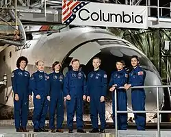 v. l. n. r. Ellen Baker, Kenneth Bowersox, Bonnie Dunbar, Richard Richards, Carl Meade, Eugene Trinh, Lawrence DeLucas