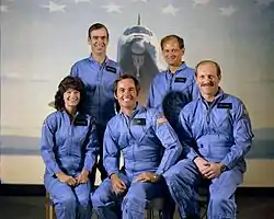 v. l. n. r. Sally Ride, John Fabian, Robert Crippen, Norman Thagard, Frederick Hauck