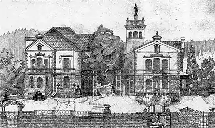 Rechts: Villa Wirth und Froschbrunnen.Links: Haus Kanonenweg 38.