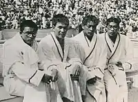 Die japanische Goldstaffel von 1936 (v.&nbsp;l.&nbsp;n.&nbsp;r.): Shigeo Sugiura, Masanori Yusa, Arai Shigeo, Taguchi Masaharu