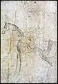 Im kleinen Medaillon unterhalb des Kreuzungspunkts von Schwert und Köcher steht: al-faqīr Behzād (Behzād der Arme), darunter möglicherweise von anderer Hand : surat-e Sultan Husayn Mīrzā (Bild des Sultans Ḥoseyn Mirzā), auf dem Köcher: Behzād. Um 1500.