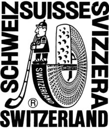 Logo der Schweizerischen Käseunion: Alphornbläser auf Emmentaler-Laib