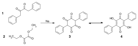 Synthese von Polyporsäure aus 1,4-Diphenylbutan-2,3-dion und Oxalsäurediethylester