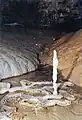 Sinterbecken mit Tropfsteinsäule in einer Höhle bei Sălciua de Jos, Rumänien