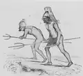Gilbertesische Krieger mit Taumangaria, Haizahnschwert und Kriegsrüstung aus Kokosfaser, 1841