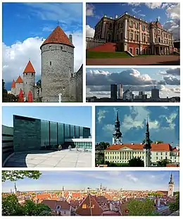 Farbige Collage von einer Stadt mit sechs Fotos. Es sind alte Türme, barocke Gebäude, Wolkenkratzer, Glasgebäude und Panorama zu sehen.