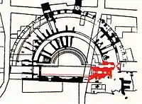 Grundriss des Theaters. Rot markiert ist einer der heute begehbaren Teile.
