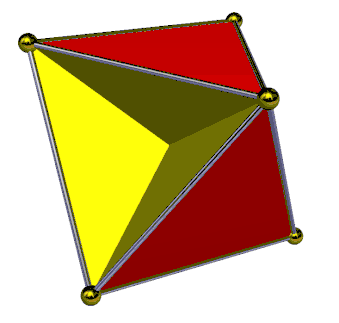 N Das konkave Tetrahemihexaeder mit 6 Ecken, 12 Kanten, aber nur 7 Flächen verletzt mit
χ
E
=
E
−
K
+
F
=
1
{\displaystyle \chi _{E}=E-K+F=1}
den Eulerschen Polyedersatz. Die 3 inneren, gelben Quadrate kreuzen sich und haben keine definierten Innen- und Außenseiten mehr. Der Körper ist homöomorph zur Steinerschen Fläche. Er lässt sich nicht mehr als planarer Graph darstellen.