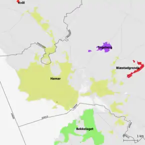 Karte der Region Hamar mit dem Tettsted Ingeberg